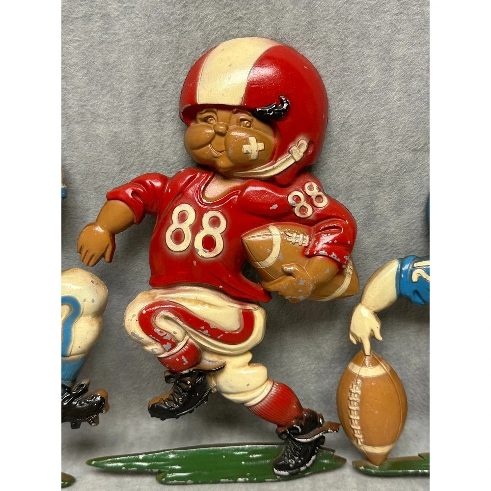 VTG Homco 1975 Football Players Wall Art Blue Red Cast Metal 3 Piece Set 1254